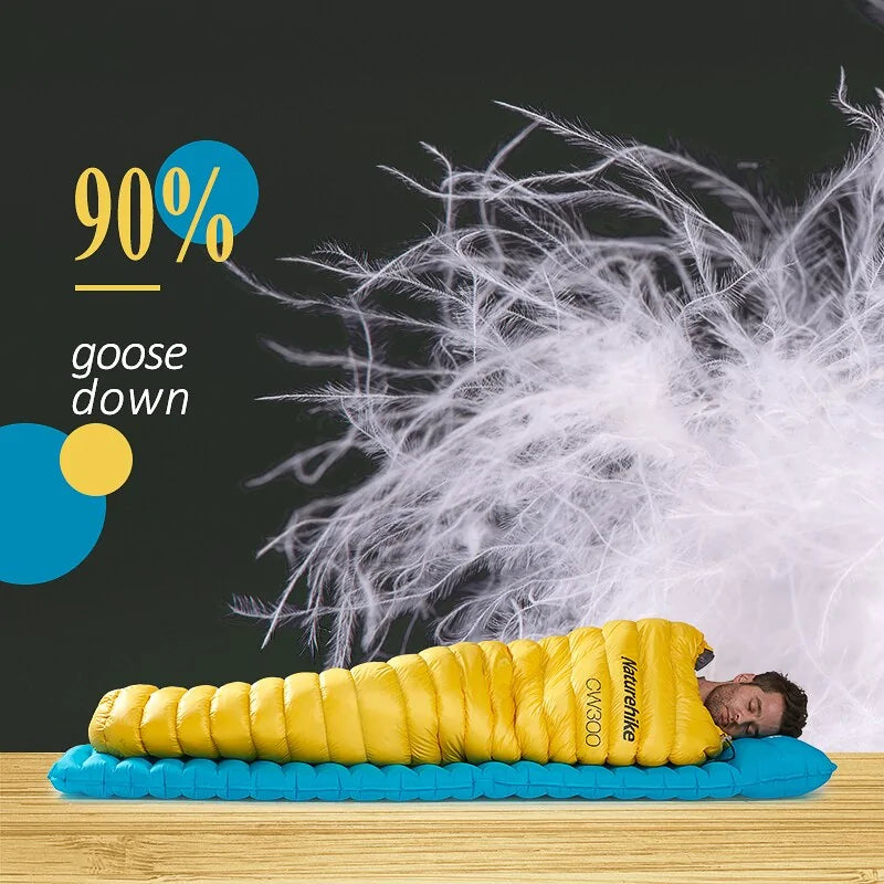 An image of A man lying down in a yellow Nylon, goose down weather resistant sleeping bag atop of an inflatable bed mat, with text saying 90 percent goose down with goose feathers floating above the man.